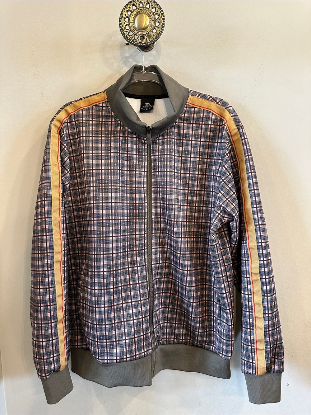 Jian Wang Plaid Track Jacket with Yellow Accent Stripe